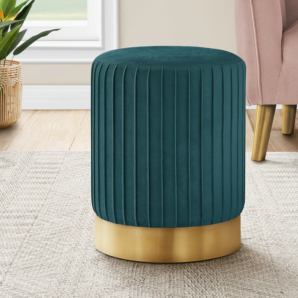 Dark Green Velvet Ottoman Stool with Gold Metal Base